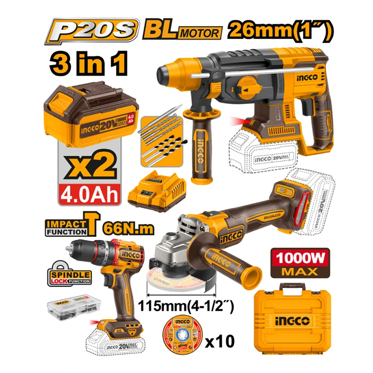 KIT BRUSHLESS INGCO PERCUTOR 20V 66NM + AMOLADORA 20V 1000W + ROTOMARTILLO 20V 2.5J