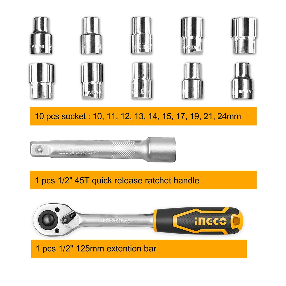 JUEGO DE DADOS M1/2 12PZS 10-24mm CON RATCHET Y EXTENSIÓN INGCO - Imagen 3
