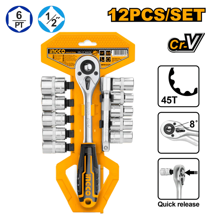 JUEGO DE DADOS M1/2 12PZS 10-24mm CON RATCHET Y EXTENSIÓN INGCO - Imagen 2