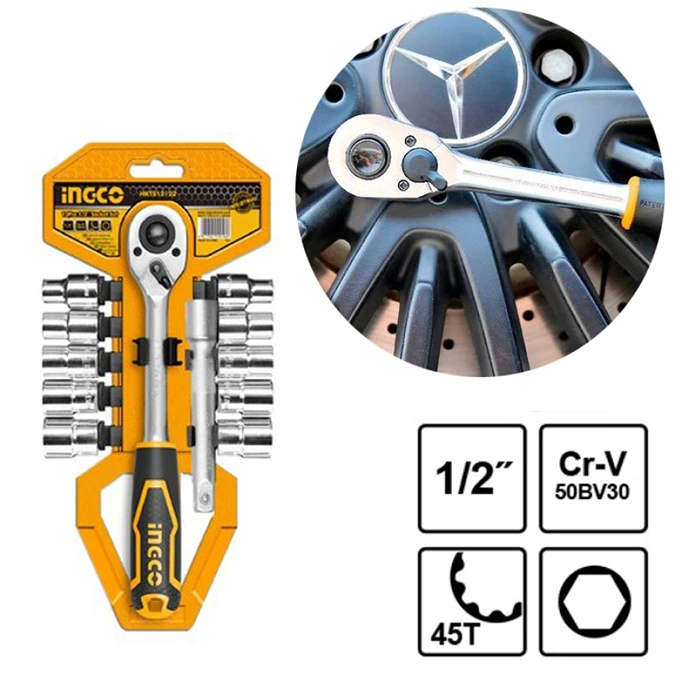 JUEGO DE DADOS M1/2 12PZS 10-24mm CON RATCHET Y EXTENSIÓN INGCO